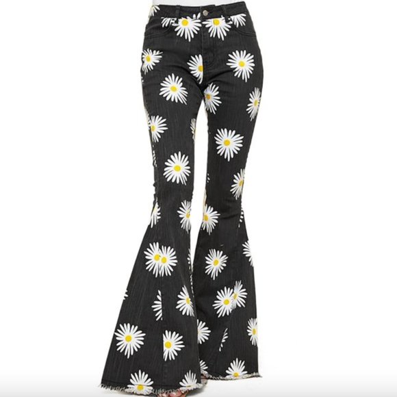 Daisy Print Fringe Bell Bottom Jeans - Picture 3 of 12